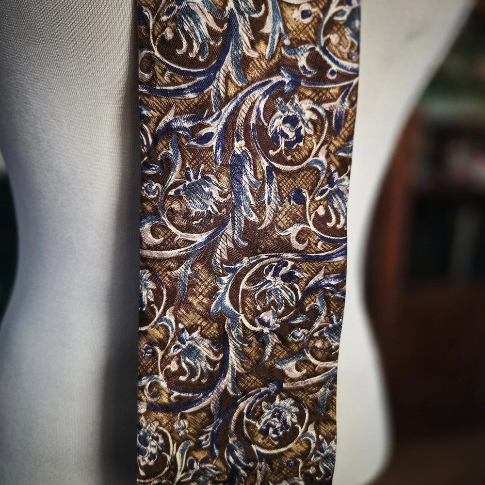 Structure Silk Tie Vintage 90s Mens Brown Blue Gold Floral Paisley Made in USA